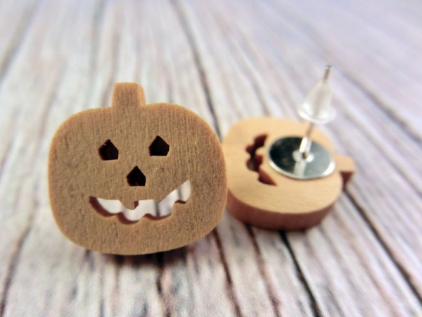Kürbis Knopf Ohrstecker Holz Natur Button pumpkin